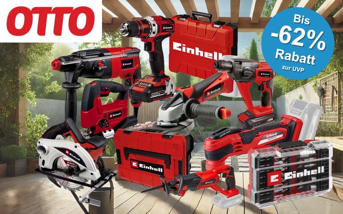 Auf dem Bild ist eine Collage diverser Einhell Werkzeugen zu sehen, die sich aktuell im Otto Onlineshop im Sale befinden.