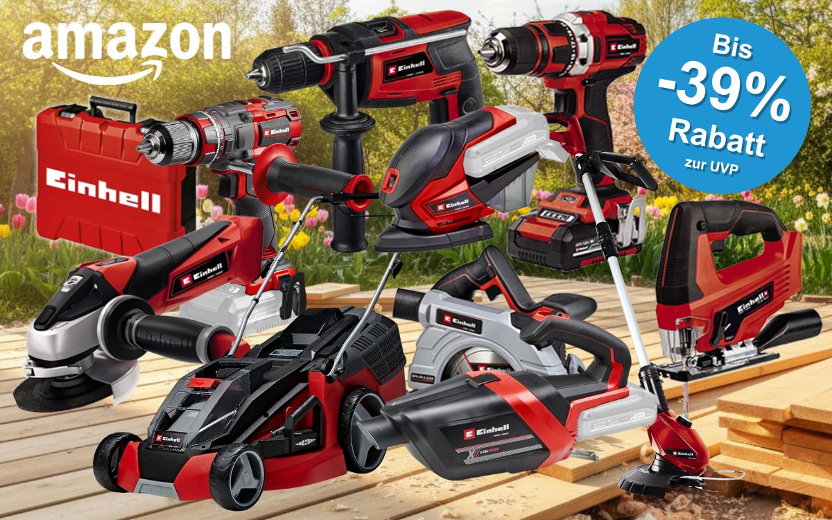 Auf dem Bild ist eine Collage aus Einhell Produkten zu sehen, die aktuell bei Amazon reduziert sind.