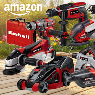 Auf dem Bild ist eine Collage aus Einhell Produkten zu sehen, die aktuell bei Amazon reduziert sind.
