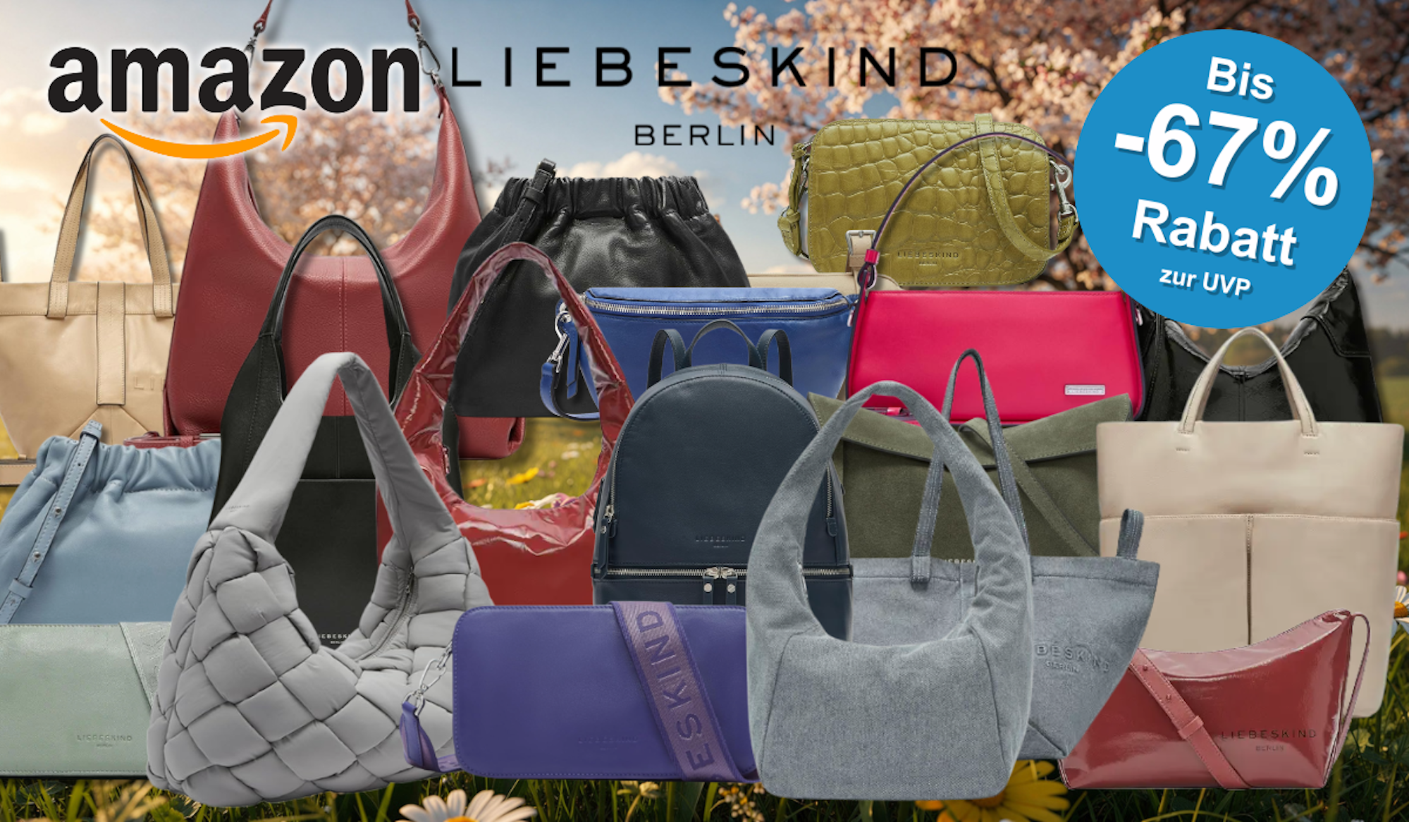 Eine Darstellung von verschiedenen Liebeskind Berlin Taschen vor einem sommerlichen Hintergrund.