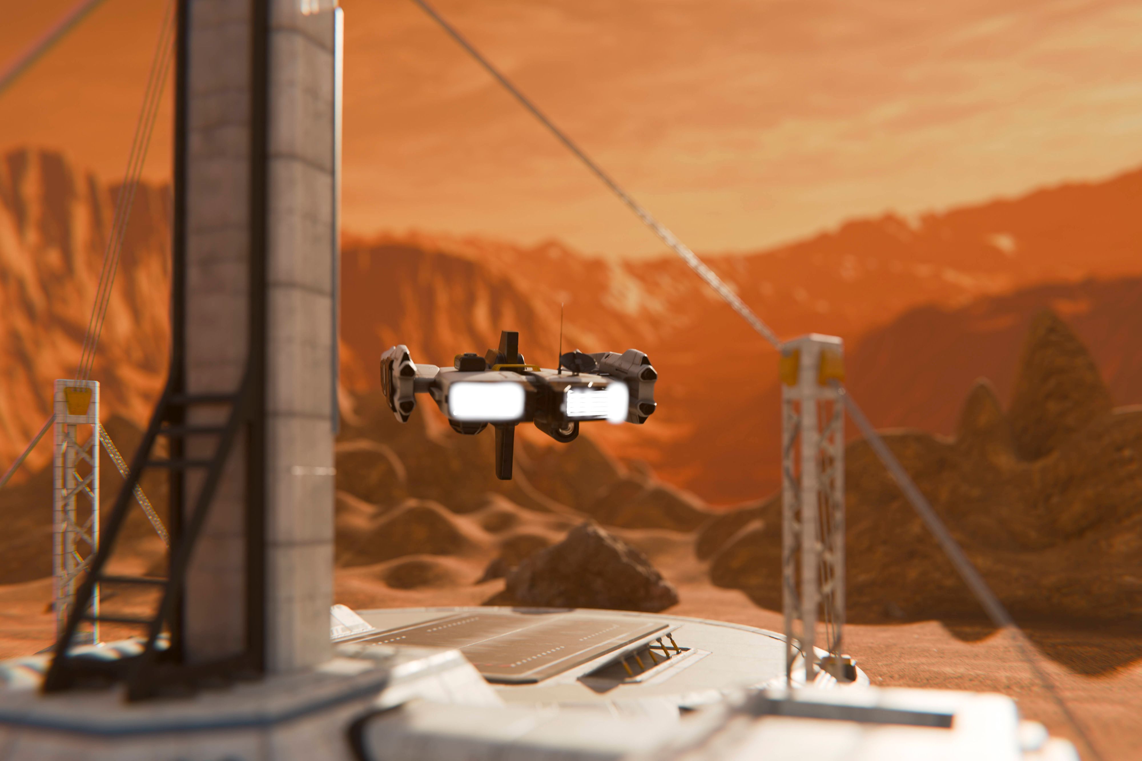 Starship drone landing at futuristic exploration base on Mars, JPSF01371