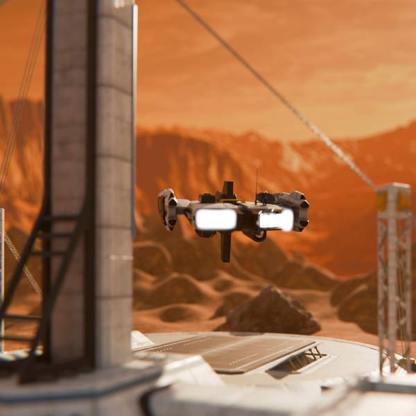 Starship drone landing at futuristic exploration base on Mars, JPSF01371