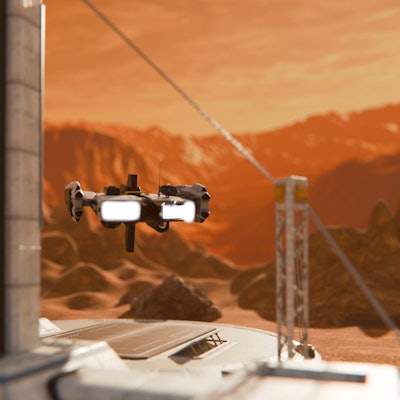 Starship drone landing at futuristic exploration base on Mars, JPSF01371