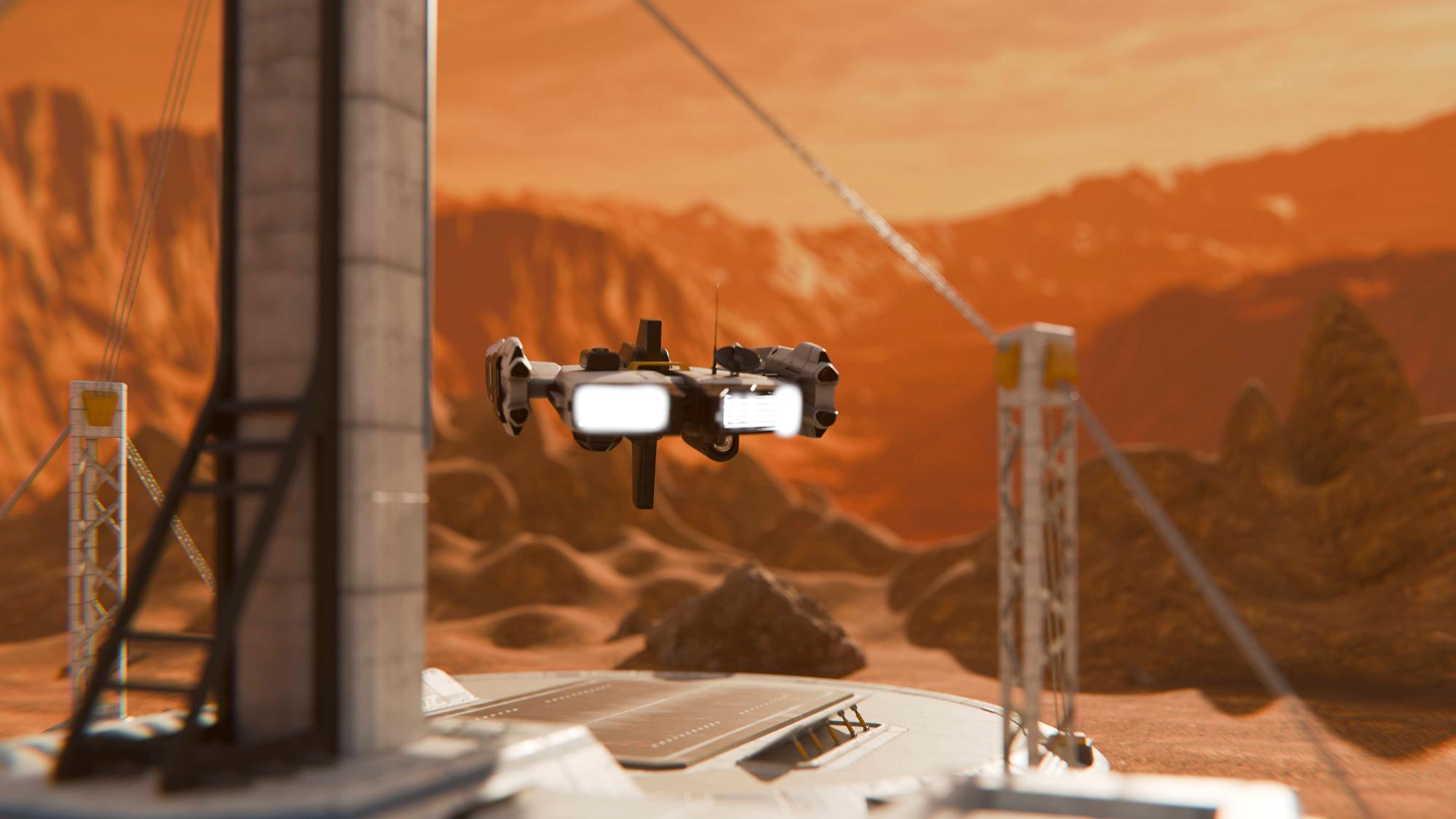 Starship drone landing at futuristic exploration base on Mars, JPSF01371