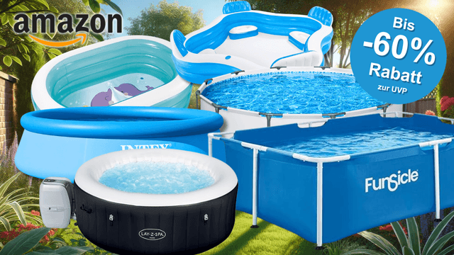 Auf dem Bild ist eine Collage aus Pools, Whirlpools und Planschbecken zu sehen, die den Sale bei Amazon ankurbeln.