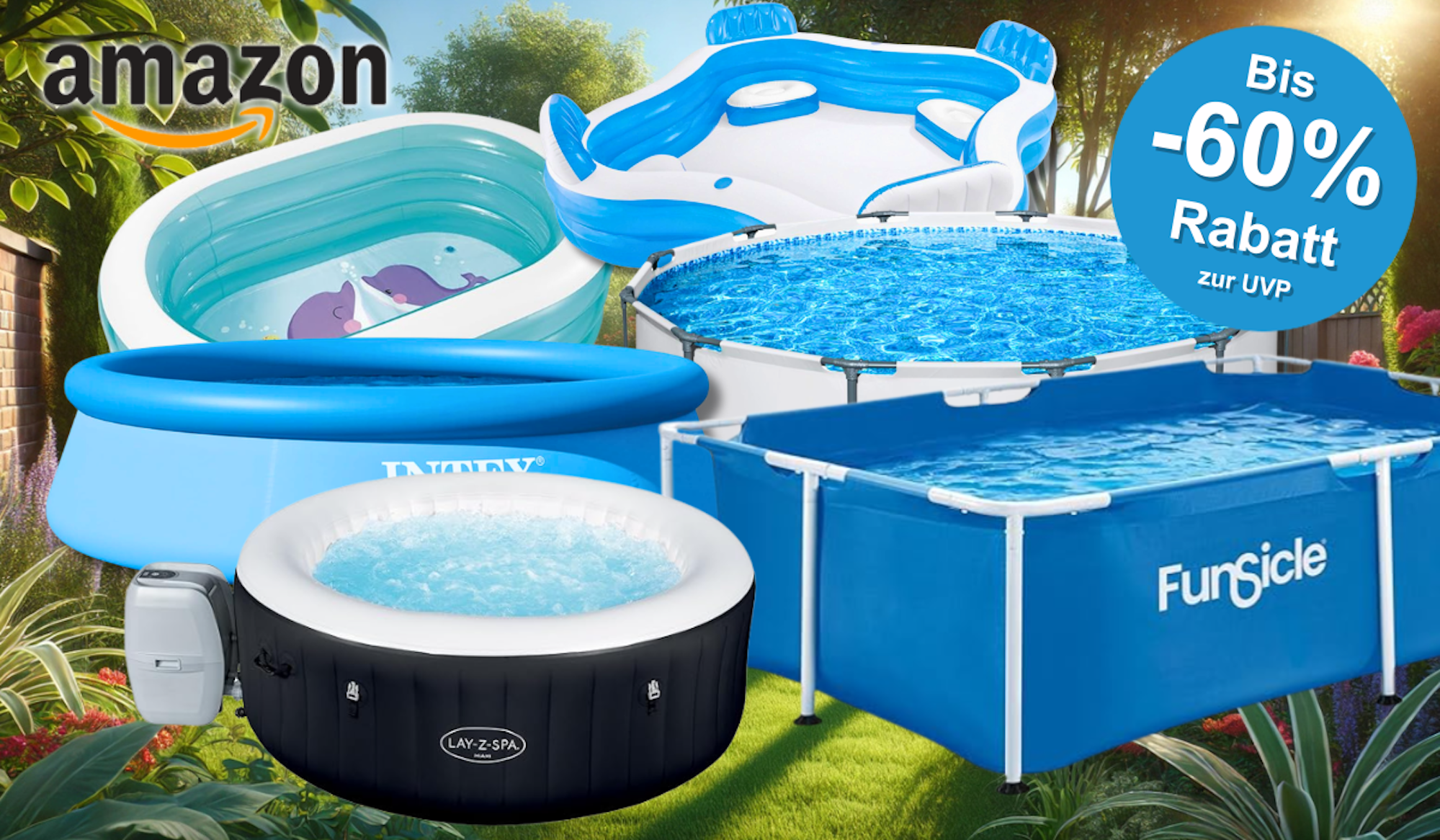 Auf dem Bild ist eine Collage aus Pools, Whirlpools und Planschbecken zu sehen, die den Sale bei Amazon ankurbeln.