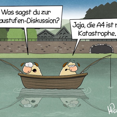 Zwei Schafe sitzen auf dem Stauweiher in Osberghausen in einem Boot und angeln. Das eine fragt: „Was sagst du zur Staustufen-Diskussion?“ Das andere antwortet: „Jaja, die A4 ist ne Ktastrophe.“