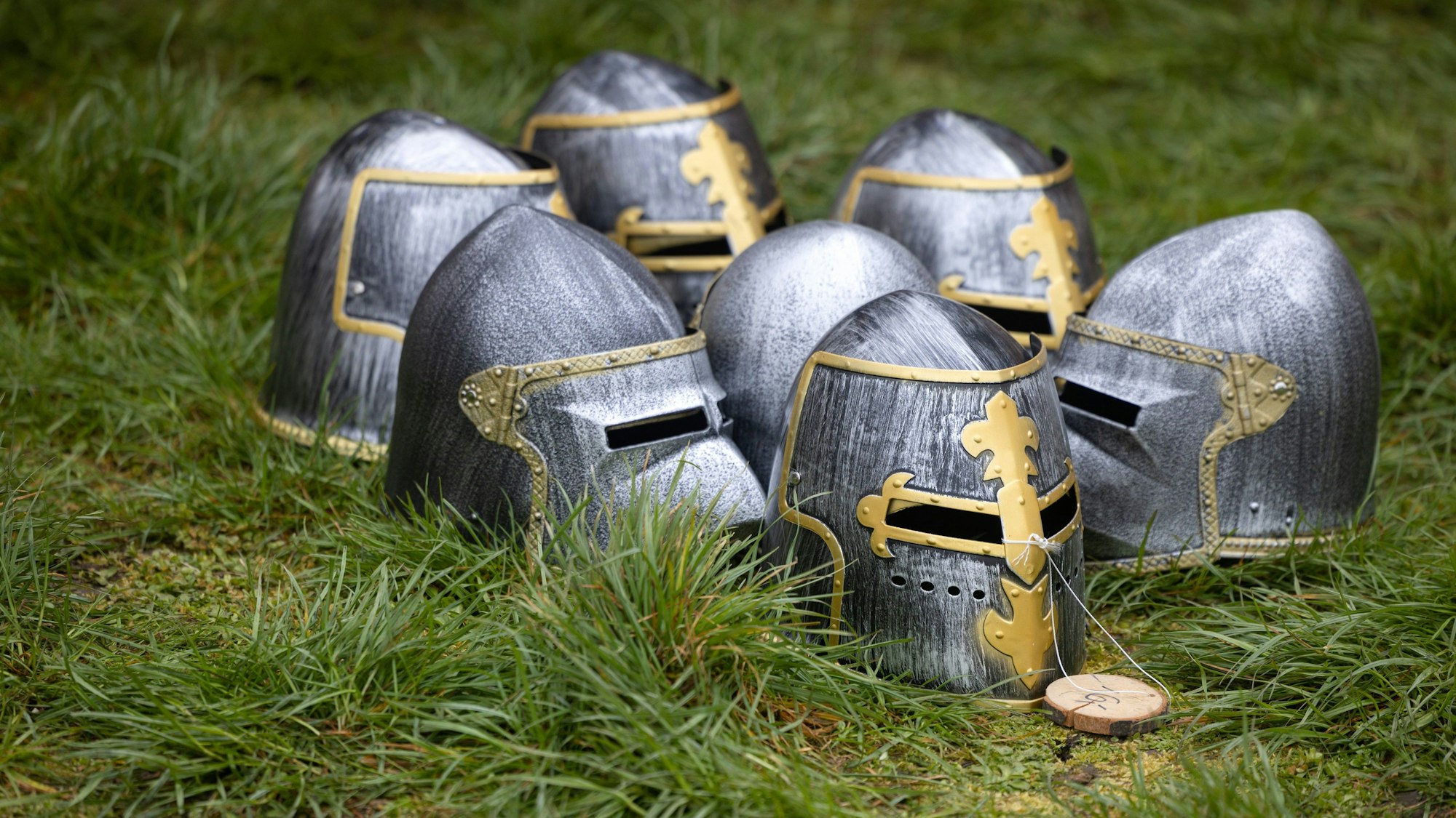 Mehrere Ritterhelme liegen auf einer Wiese.