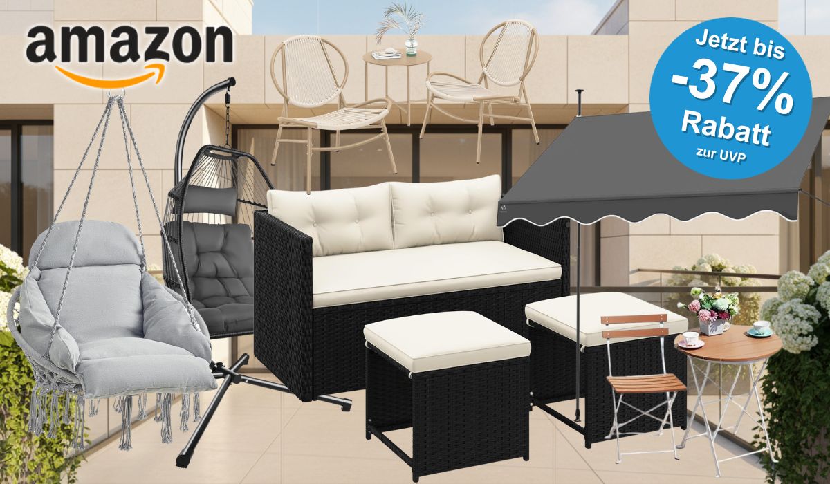 Auf dem Bild sind div. Balkonmöbel zu sehen, die deinen Balkon oder deine Terasse ins Rampenlicht setzen.