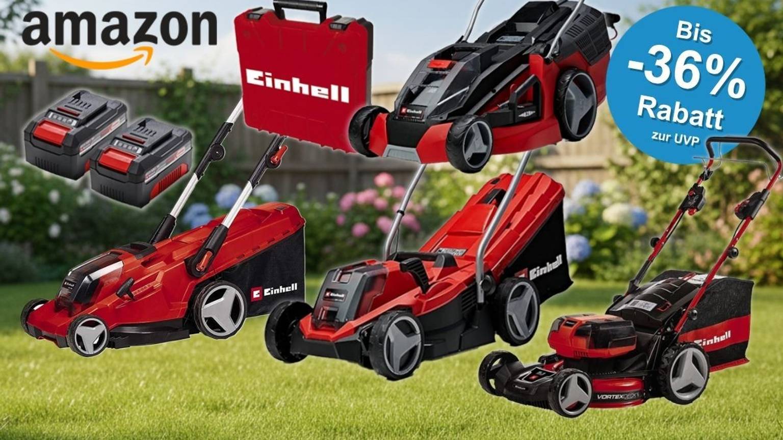 Verschiedene rote Einhell Akku-Rasenmäher in unterschiedlichen Größen sowie zwei Akkus, ein Ladegerät und ein roter Einhell Werkzeugkoffer vor einem sommerlichen Gartenhintergrund mit grünem Rasen und Blumen. Links oben das Amazon-Logo.