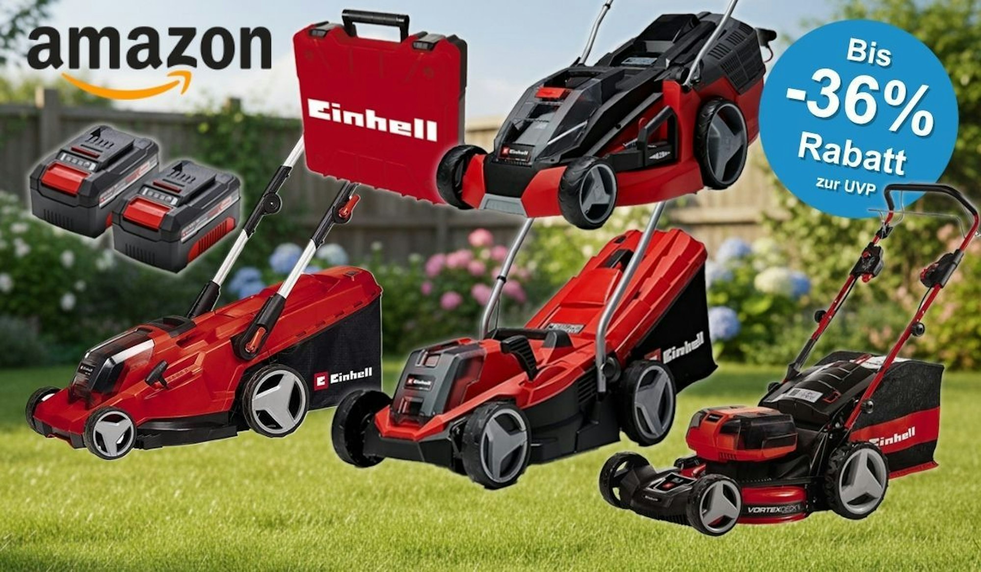 Verschiedene rote Einhell Akku-Rasenmäher in unterschiedlichen Größen sowie zwei Akkus, ein Ladegerät und ein roter Einhell Werkzeugkoffer vor einem sommerlichen Gartenhintergrund mit grünem Rasen und Blumen. Links oben das Amazon-Logo.