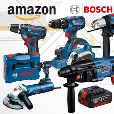 Collage verschiedener blauer Bosch Professional Werkzeuge (zwei Akkubohrer, Schlagbohrmaschine, Hobel, zwei Bohrhammer, Akku-Bohrhammer, Winkelschleifer sowie ein 18V Akku und ein blauer L-BOXX Werkzeugkoffer) vor einem hellen Hintergrund mit dezenten Blueprint-Linien. Links oben das Amazon-Logo, in der Mitte das Bosch-Logo. Rechts oben blauer Button mit der Aufschrift „Bis -51 % Rabatt zur UVP".
