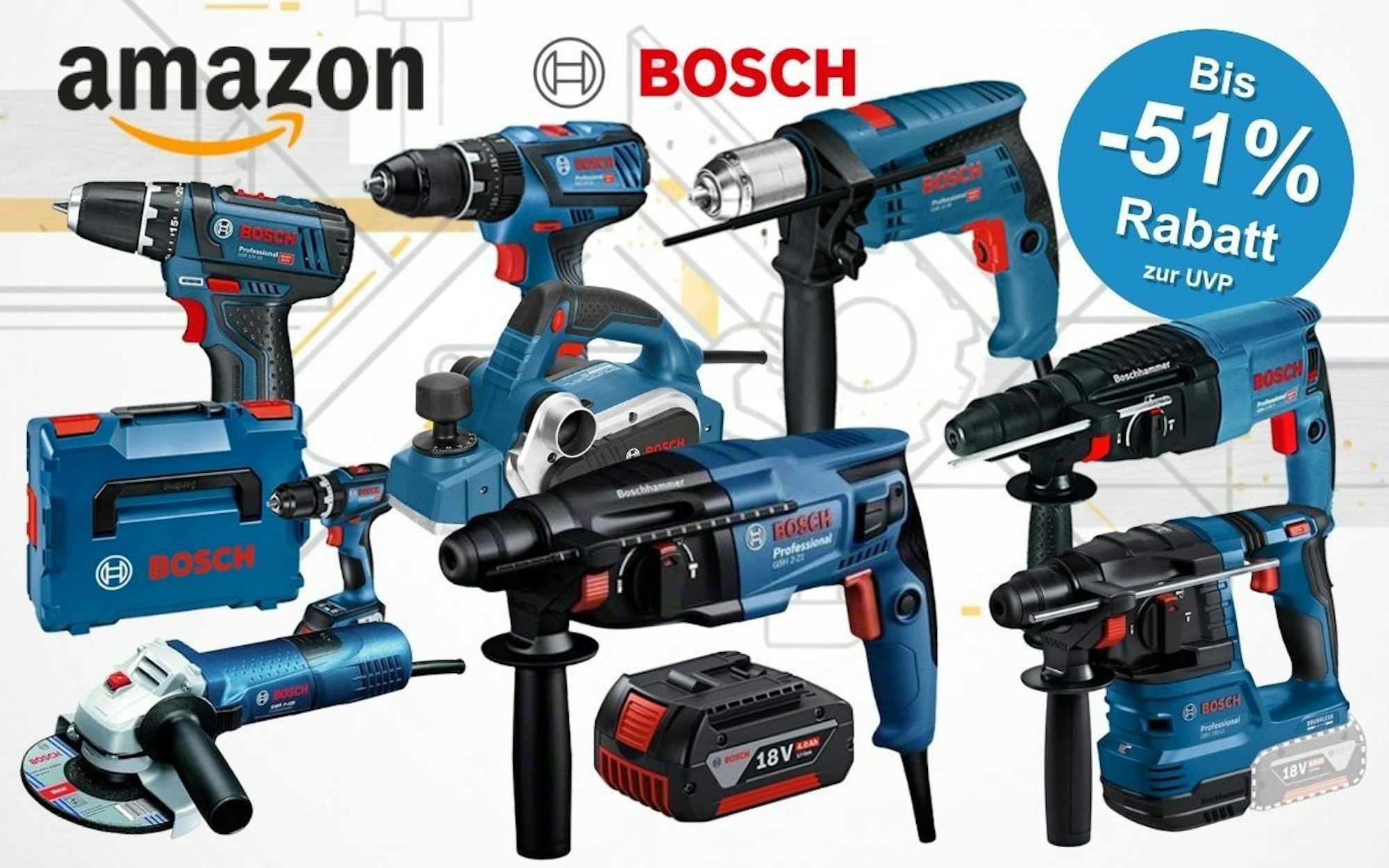 Collage verschiedener blauer Bosch Professional Werkzeuge (zwei Akkubohrer, Schlagbohrmaschine, Hobel, zwei Bohrhammer, Akku-Bohrhammer, Winkelschleifer sowie ein 18V Akku und ein blauer L-BOXX Werkzeugkoffer) vor einem hellen Hintergrund mit dezenten Blueprint-Linien. Links oben das Amazon-Logo, in der Mitte das Bosch-Logo. Rechts oben blauer Button mit der Aufschrift „Bis -51 % Rabatt zur UVP".