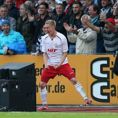 Thomas KRAUS (FK) bejubelt sein Tor zum 1:0 Fussball Regionalliga Relegation, Hinspiel, Fortuna Koeln - FC Bayern Muenchen II 1:0, am 28.05.2014 in Koeln/Deutschland.
Thomas Kraus FK cheered be goal to 1 0 Football third division Relegation Leg Fortuna Cologne FC Bavaria Munich II 1 0 at 28 05 2014 in Cologne Germany