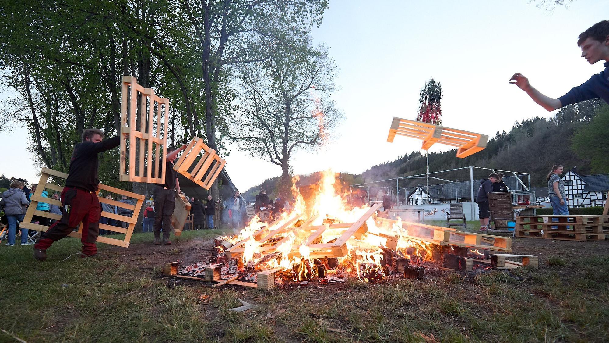 Junge Männer werfen Holzpaletten auf die brennende Feuerstelle. Im Hintergrund ist der große Dorf-Maibaum zu sehen.