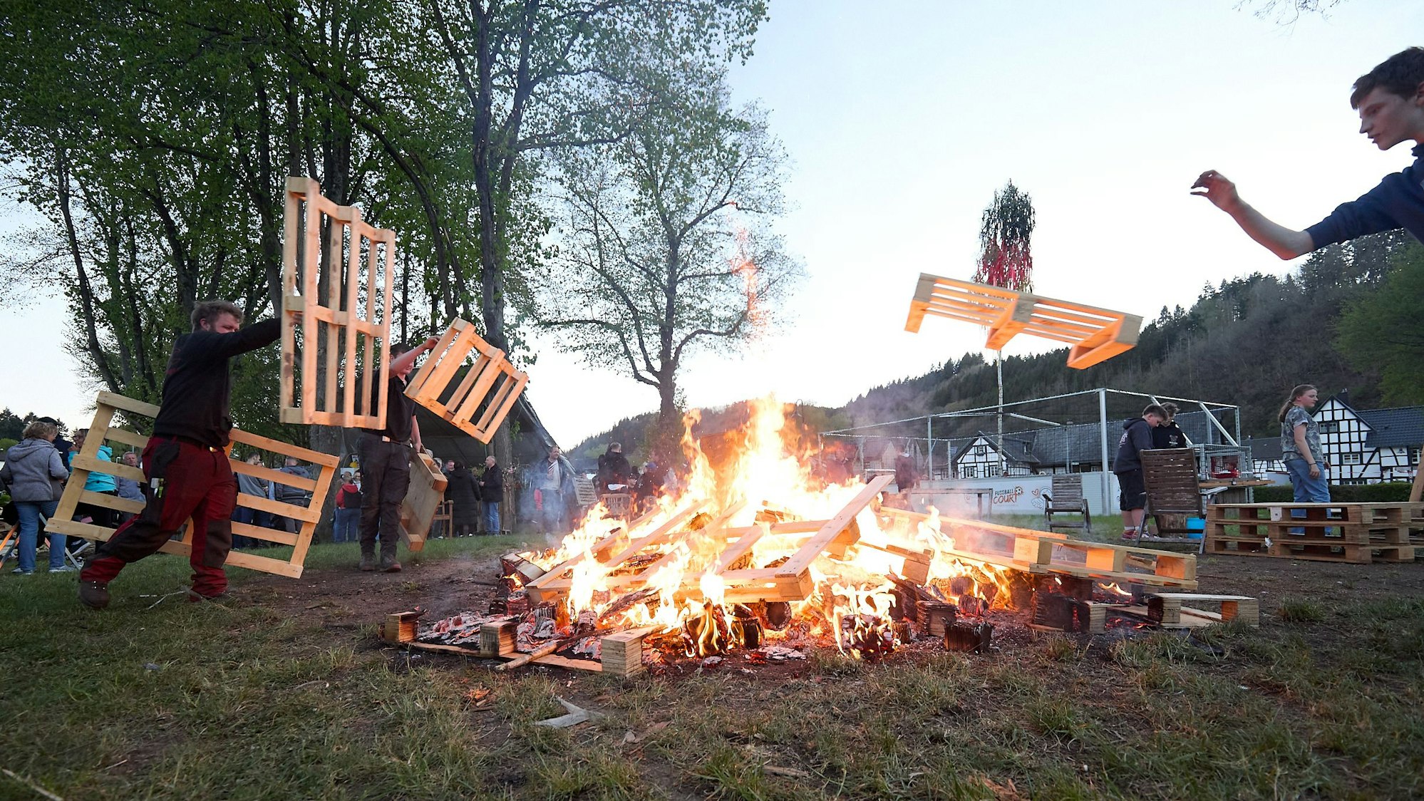 Junge Männer werfen Holzpaletten auf die brennende Feuerstelle. Im Hintergrund ist der große Dorf-Maibaum zu sehen.