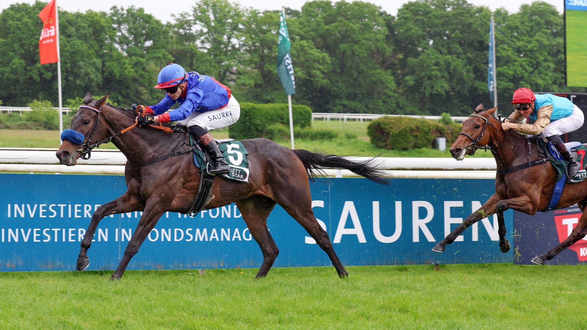 03.05.2026, Koeln, Nordrhein-Westfalen, GER - Santa Catarina mit Thore Hammer-Hansen gewinnt das Schwarzgold-Rennen. Galopprennbahn Koeln-Weidenpesch. Pferd, Jockey, Santa Catarina, Hammer-Hansen, Sieg, Ziel, Zielankunft 260503S980KOELN.JPG *** 03 05 2026, Koeln, Nordrhein Westfalen, GER Santa Catarina with Thore Hammer Hansen wins the Schwarzgold race Galopprennbahn Koeln Weidenpesch horse, jockey, Santa Catarina, Hammer Hansen, victory, finish, finish 260503S980KOELN JPG