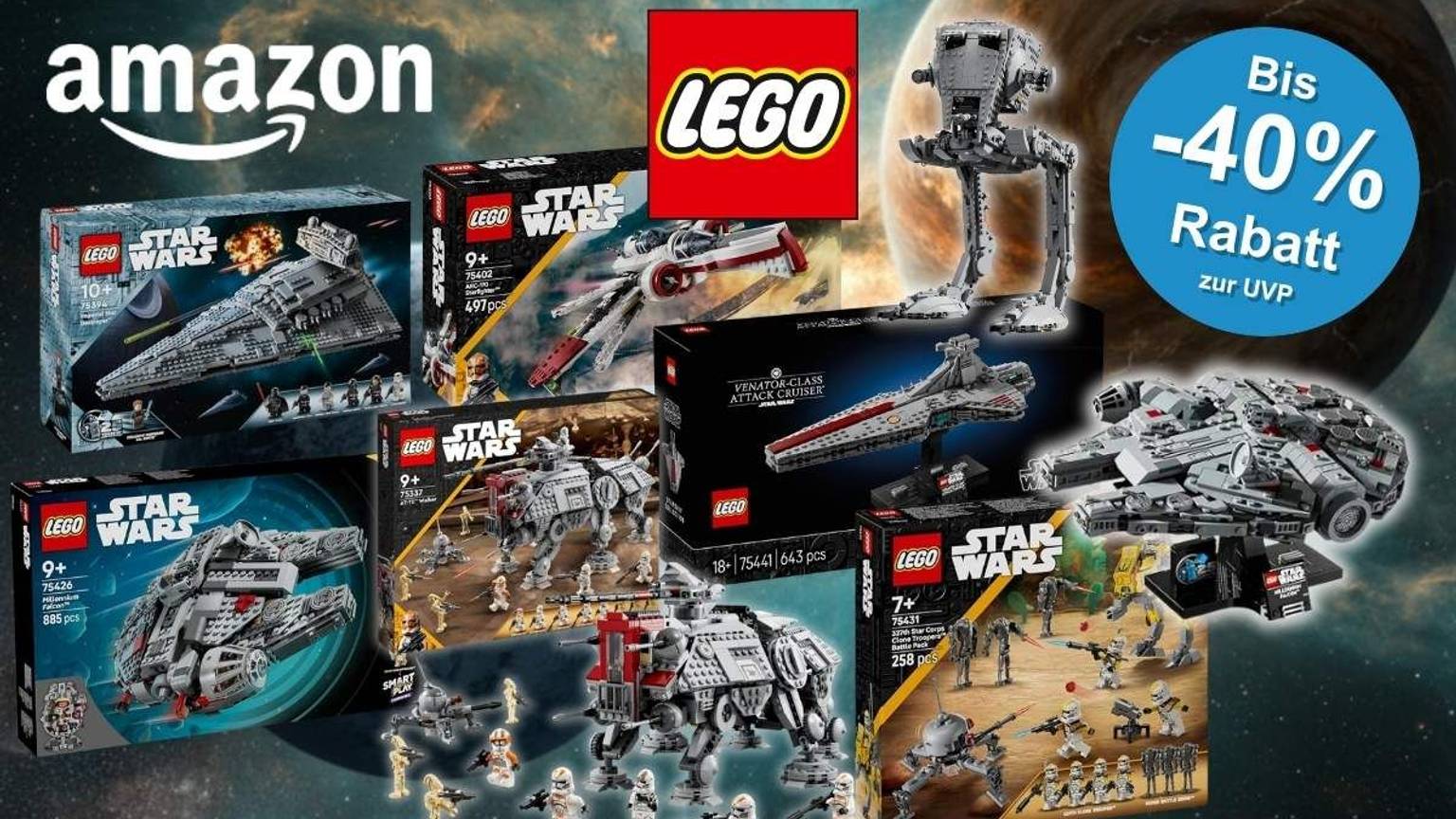 Mehrere LEGO Star Wars Sets vor einem Weltraum-Hintergrund mit Planeten, ergänzt durch das Amazon- und das LEGO-Logo sowie einem blauen Rabatt-Badge mit der Aufschrift "Bis -40% Rabatt zur UVP".