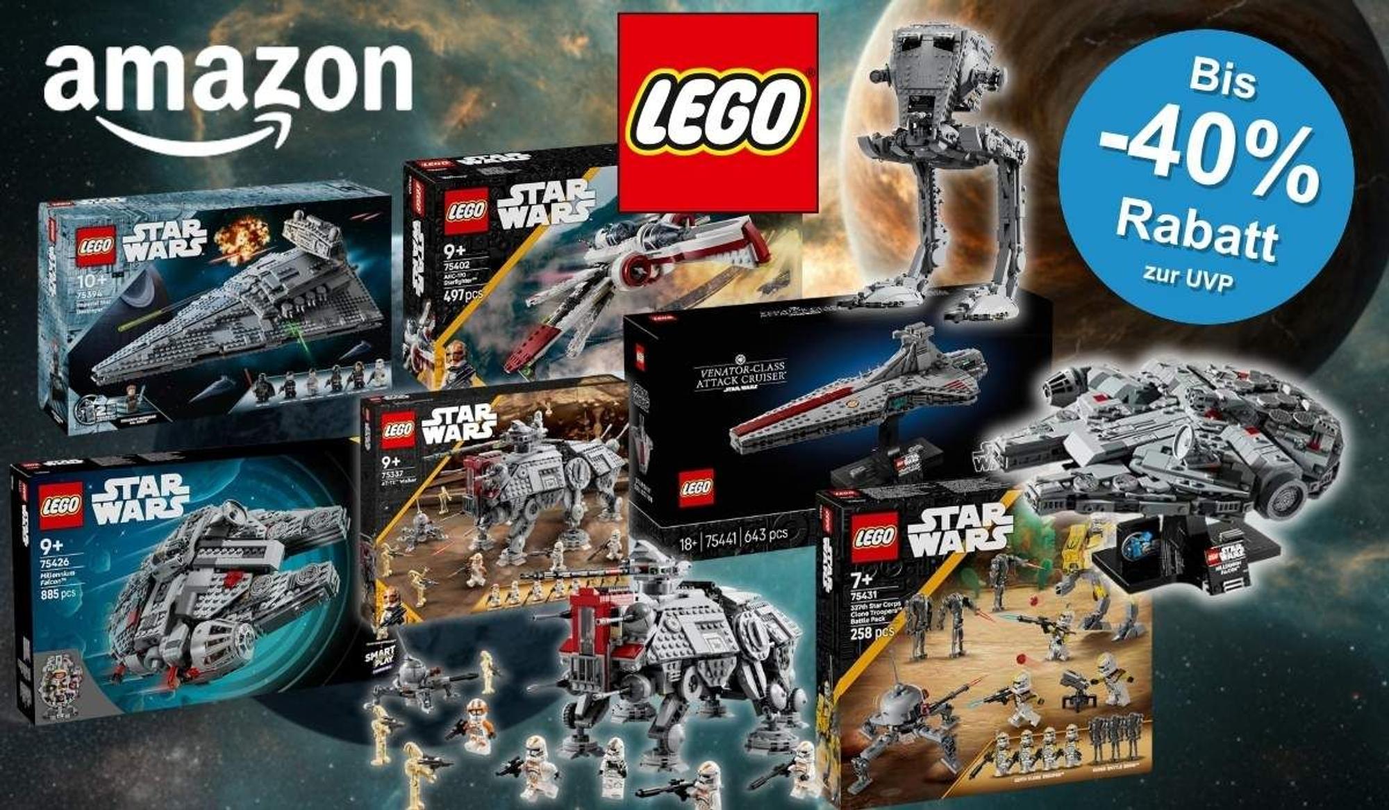 Mehrere LEGO Star Wars Sets vor einem Weltraum-Hintergrund mit Planeten, ergänzt durch das Amazon- und das LEGO-Logo sowie einem blauen Rabatt-Badge mit der Aufschrift "Bis -40% Rabatt zur UVP".