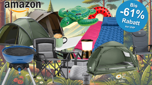 Auf dem Bild ist eine Collage aus diversen Camping Produkten zu sehen, die sich aktuell im Amazon Sale befinden.