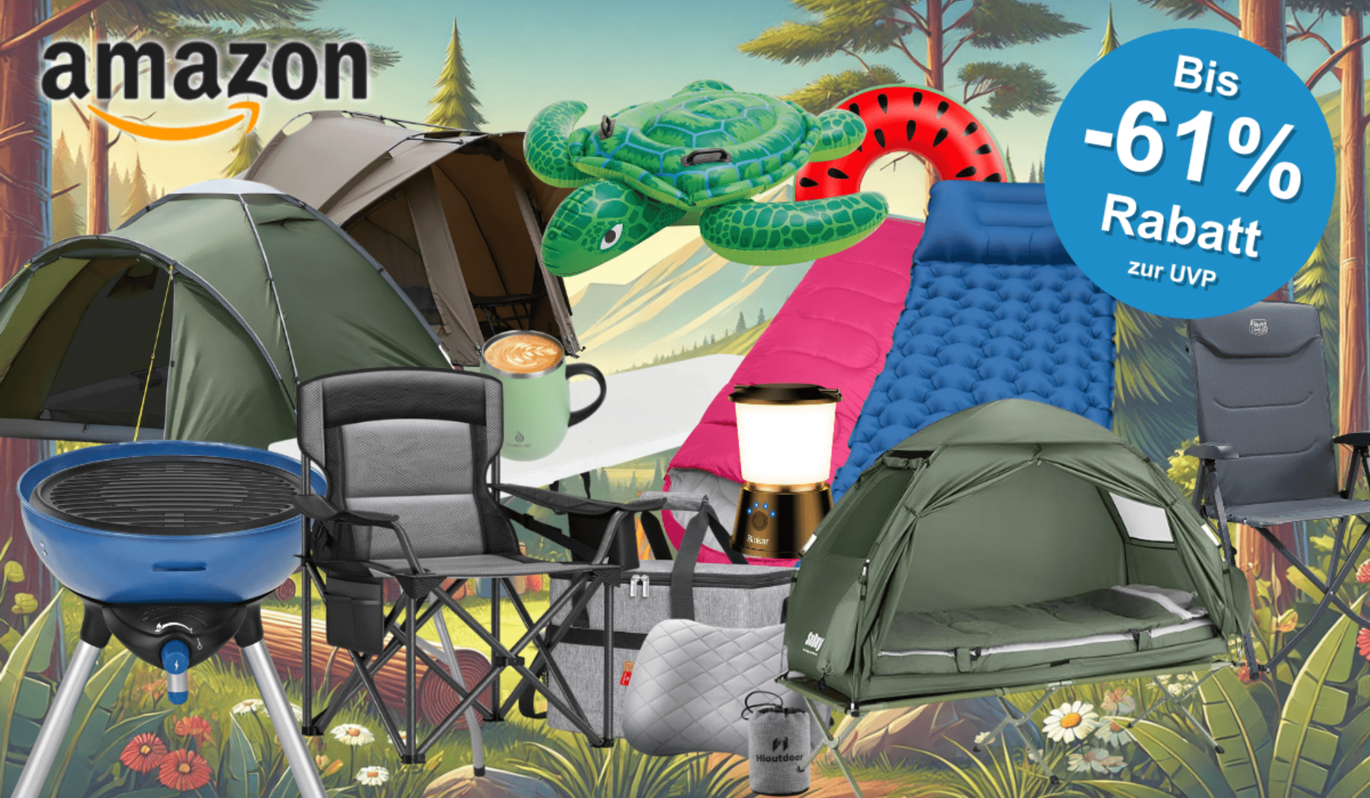 Auf dem Bild ist eine Collage aus diversen Camping Produkten zu sehen, die sich aktuell im Amazon Sale befinden.