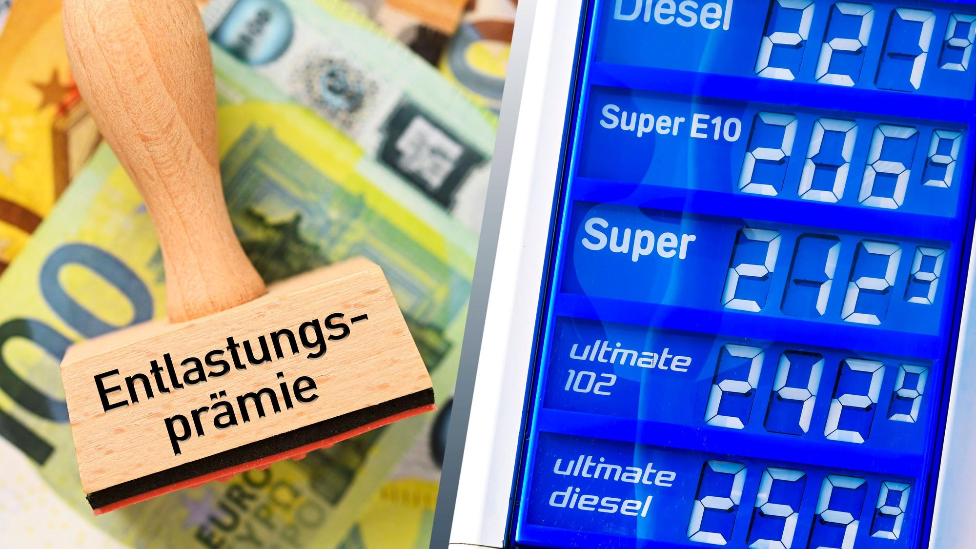 Stempel mit der Aufschrift Entlastungsprämie. Im Hintergrund sind Euroscheine zu sehen, rechts daneben die Preistafel einer Tankstelle