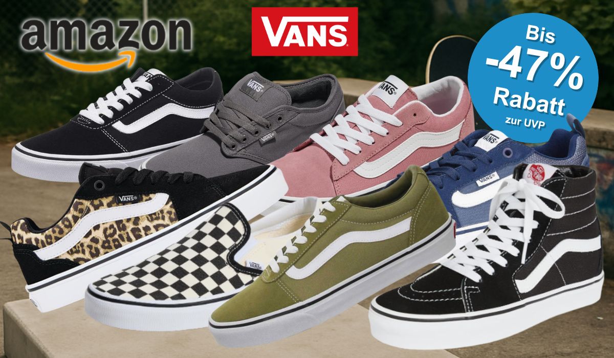 Auf der Collage befinden sich diverse Vans Schuhe, die gerade im Sale bei Amazon sind.