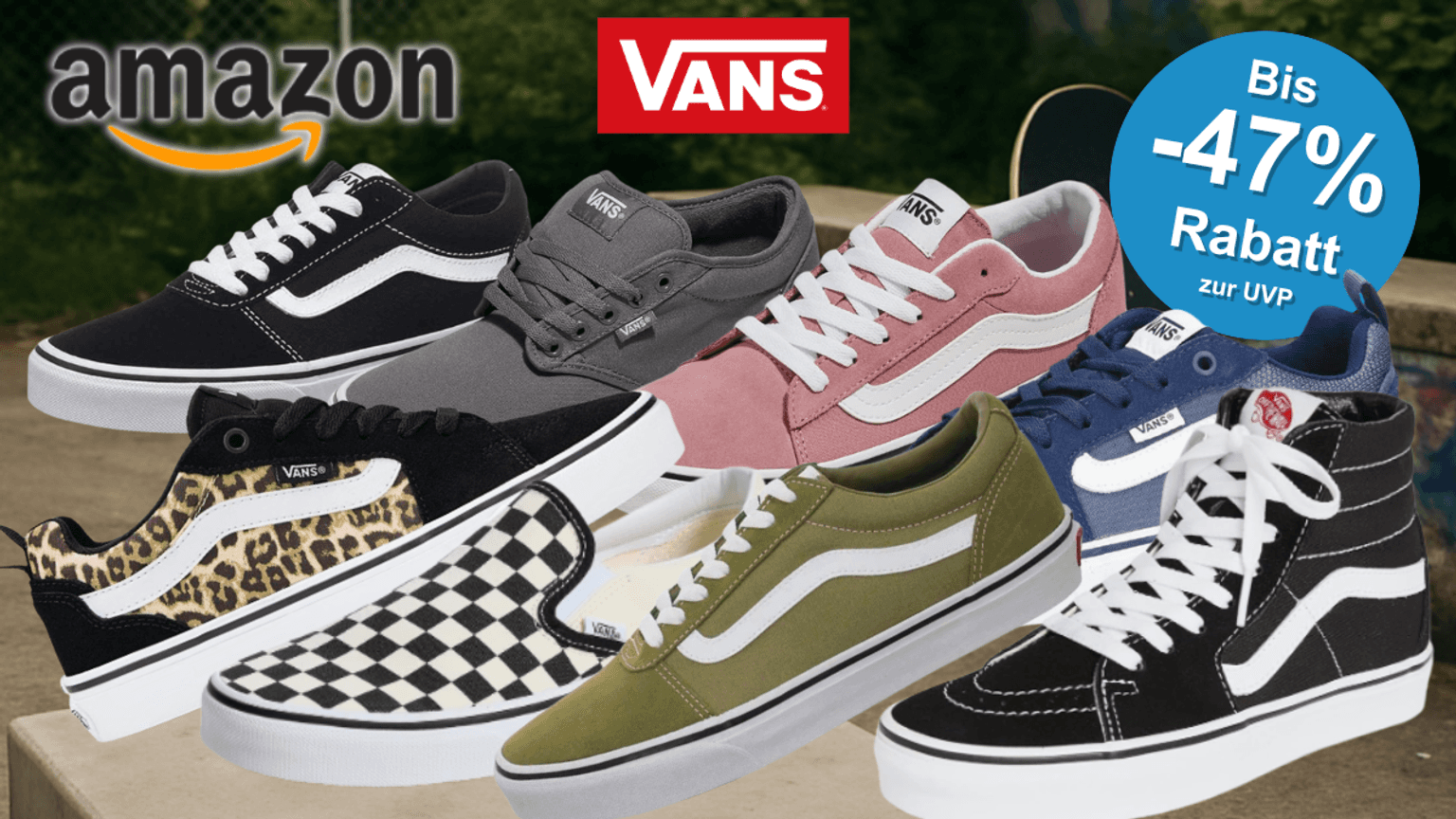 Auf der Collage befinden sich diverse Vans Schuhe, die gerade im Sale bei Amazon sind.