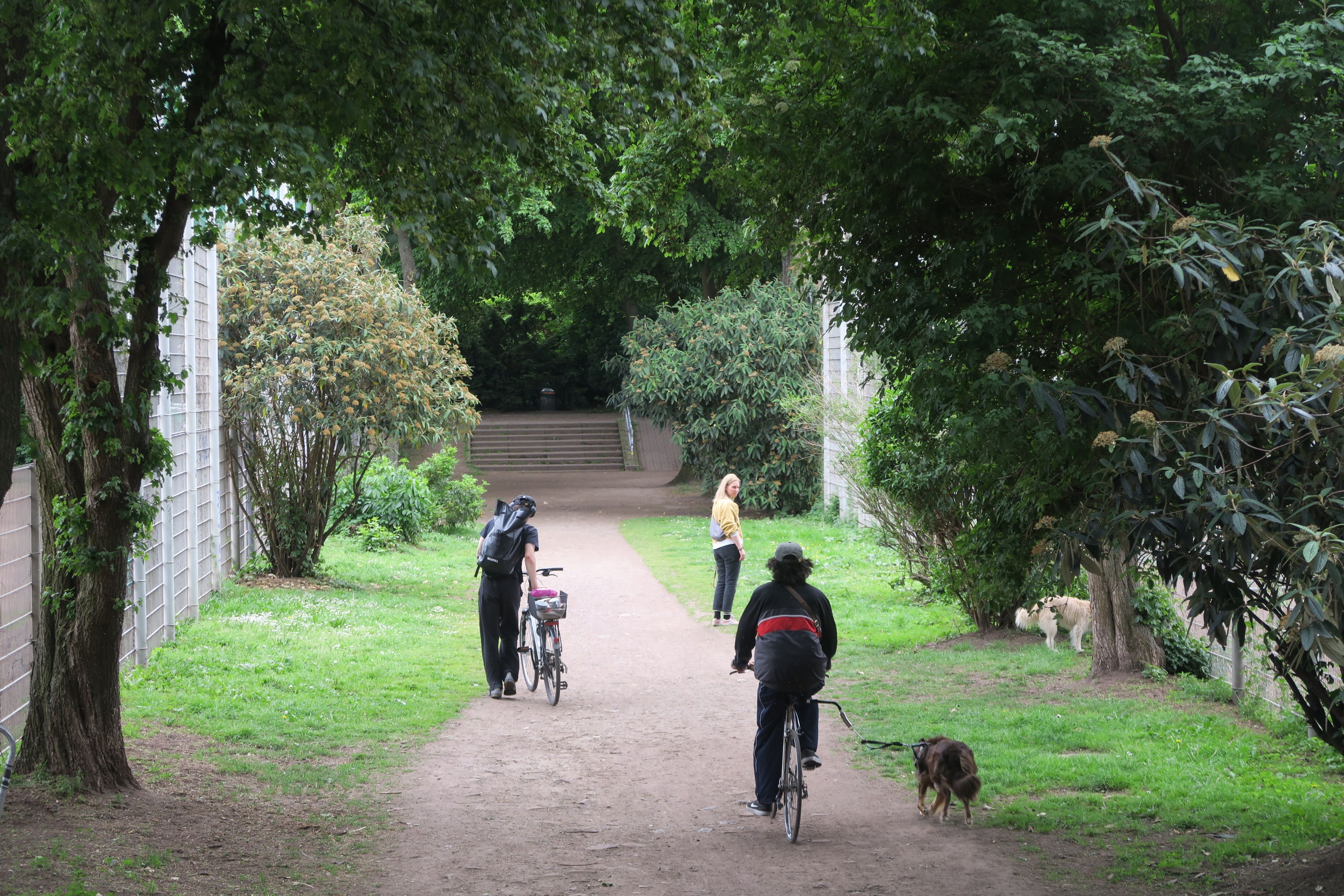 Radfahrer und eine Frau mit Hund sind auf einem Ascheweg zwischen Sportplätzen unterwegs.