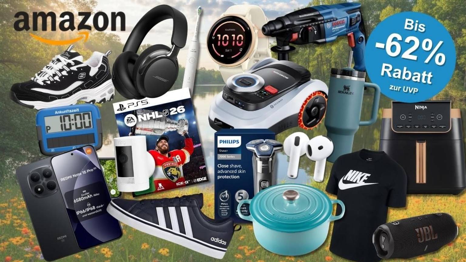 Collage mit Amazon Mai Angeboten vor sommerlichem Naturaußenhintergrund: Sneaker, Bose-Kopfhörer, Garmin-Smartwatch, Bosch-Bohrmaschine, Rasenmähroboter, Xiaomi-Smartphone, PS5-Spiel NHL 26, Philips-Rasierer, AirPods, Le Creuset-Topf, Nike-Shirt, Ninja-Airfryer, Adidas-Sneaker, JBL-Lautsprecher und weitere Produkte – mit dem Hinweis auf bis zu 62 Prozent Rabatt zur UVP.
