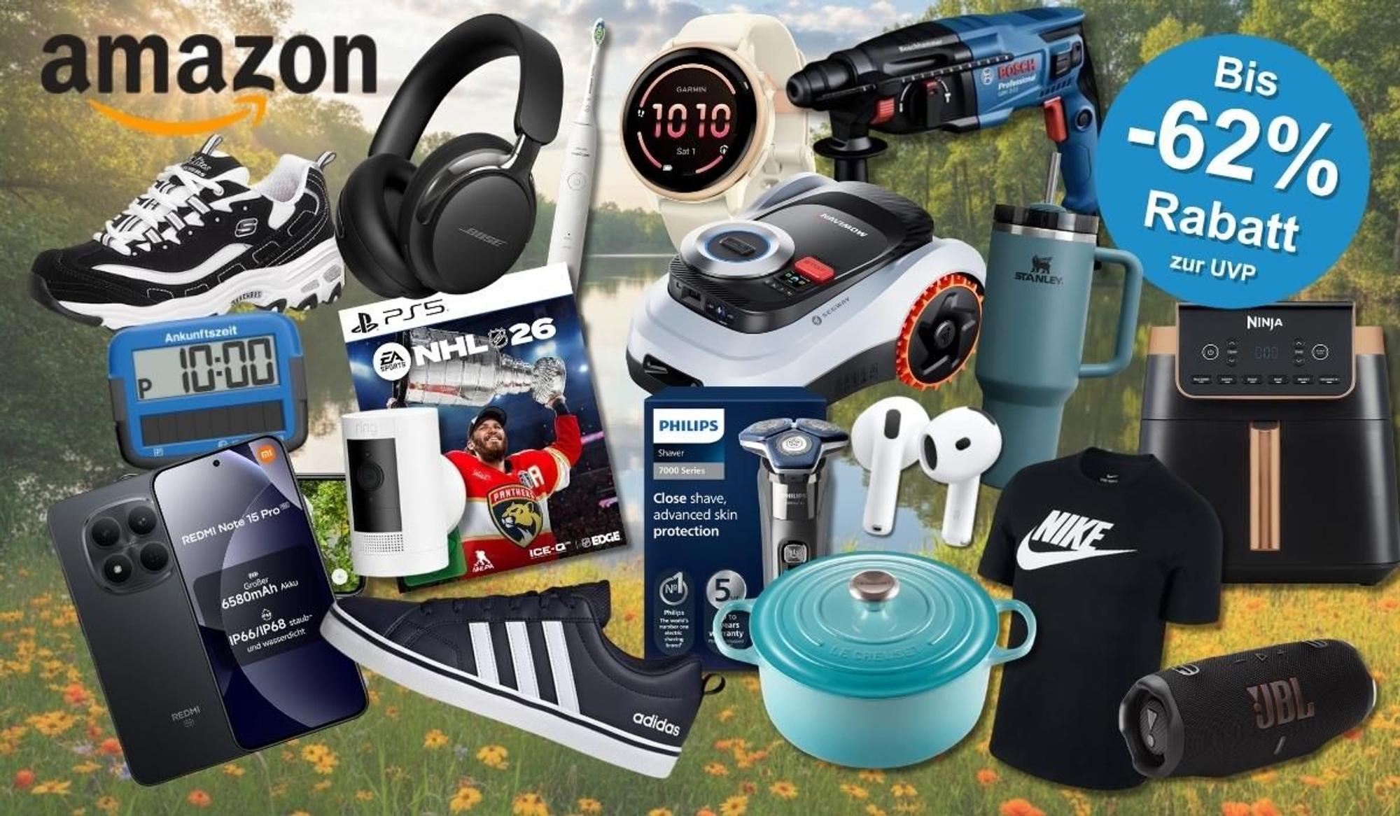 Collage mit Amazon Mai Angeboten vor sommerlichem Naturaußenhintergrund: Sneaker, Bose-Kopfhörer, Garmin-Smartwatch, Bosch-Bohrmaschine, Rasenmähroboter, Xiaomi-Smartphone, PS5-Spiel NHL 26, Philips-Rasierer, AirPods, Le Creuset-Topf, Nike-Shirt, Ninja-Airfryer, Adidas-Sneaker, JBL-Lautsprecher und weitere Produkte – mit dem Hinweis auf bis zu 62 Prozent Rabatt zur UVP.
