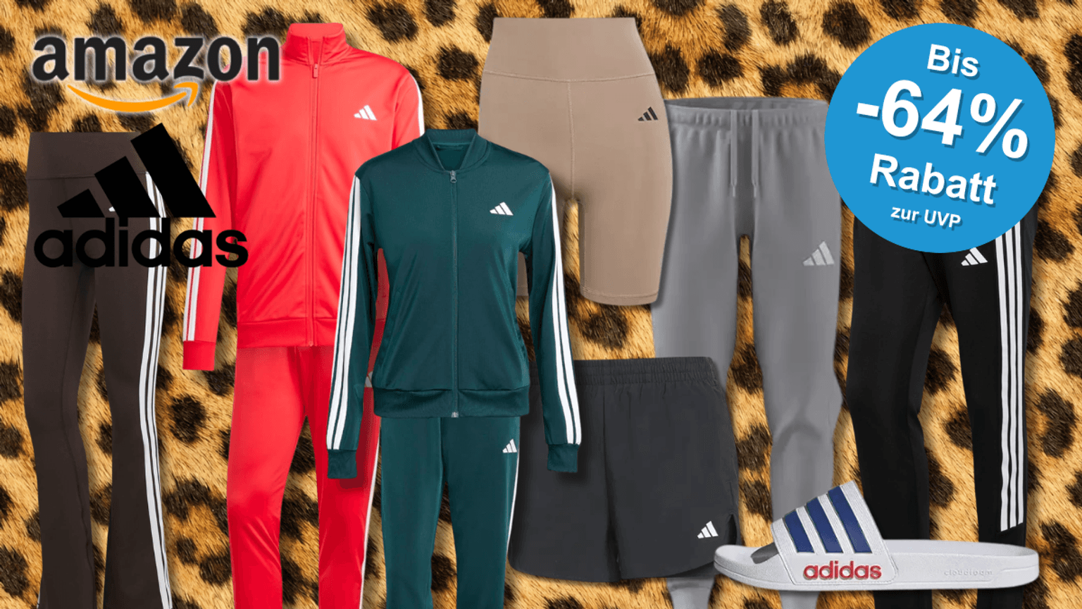Verschiedene Adidas Kleidungsstücke vor einem Leoparden-Hintergrund.