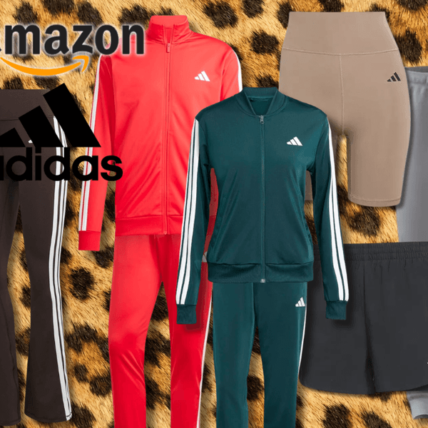 Verschiedene Adidas Kleidungsstücke vor einem Leoparden-Hintergrund.