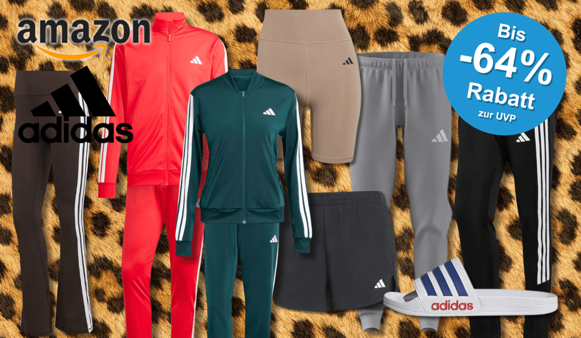 Verschiedene Adidas Kleidungsstücke vor einem Leoparden-Hintergrund.