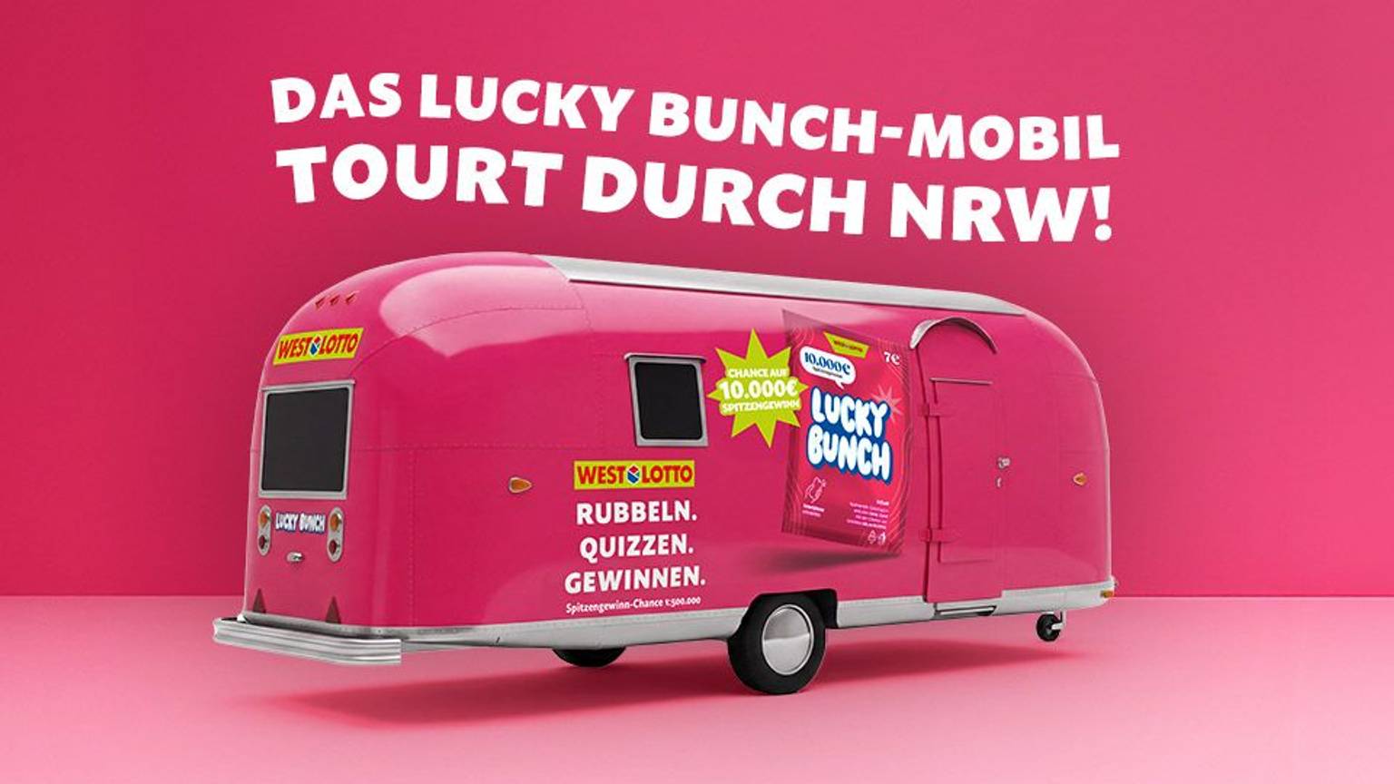 Ab Mai geht Lucky Bunch auf Tour und kann an unterschiedlichen Orten erlebt werden. Ein pinkes Lucky-Bunch-Mobil macht auf verschiedenen Stadtfesten und Festivals in Nordrhein-Westfalen Station,