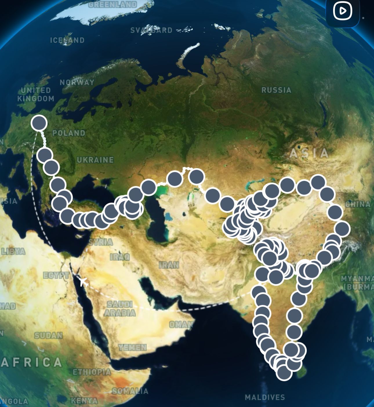 Die Strecke der Motorradtour von Cornelius „Corny“ Köster von Eitorf nach Tibet.