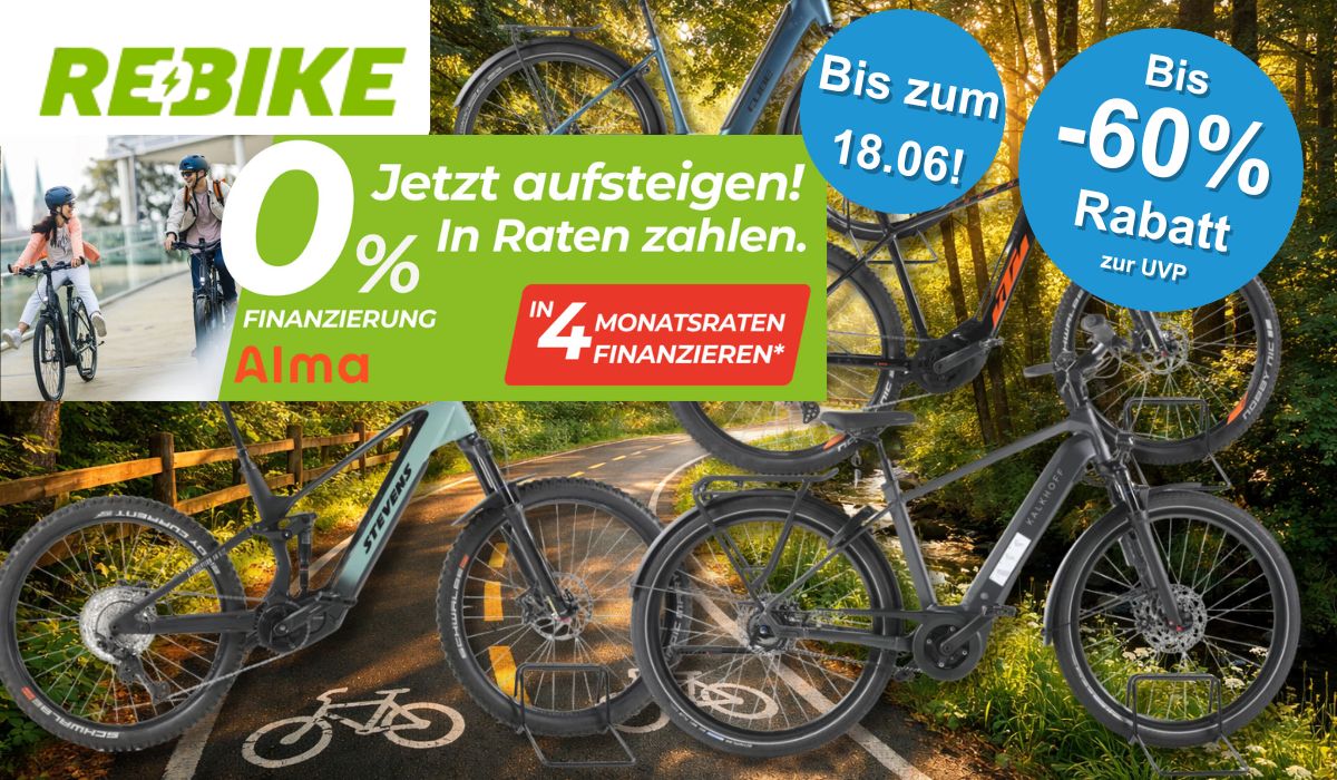 Eine Darstellung von verschiedenen E-Bikes vor einem Fahrradweg.