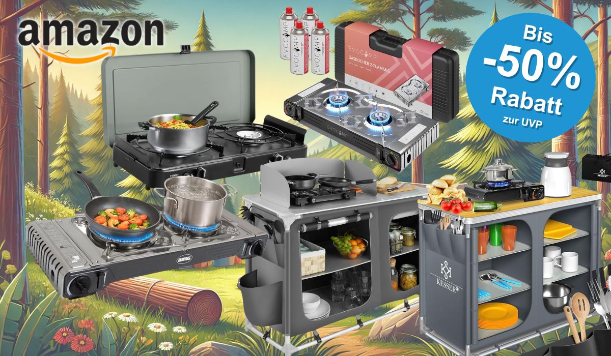 Auf dem Bild sind div. Campingküchen zu sehen, die aktuell im Amazon Sale erhältlich sind.