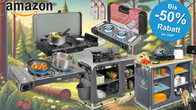 Auf dem Bild sind div. Campingküchen zu sehen, die aktuell im Amazon Sale erhältlich sind.