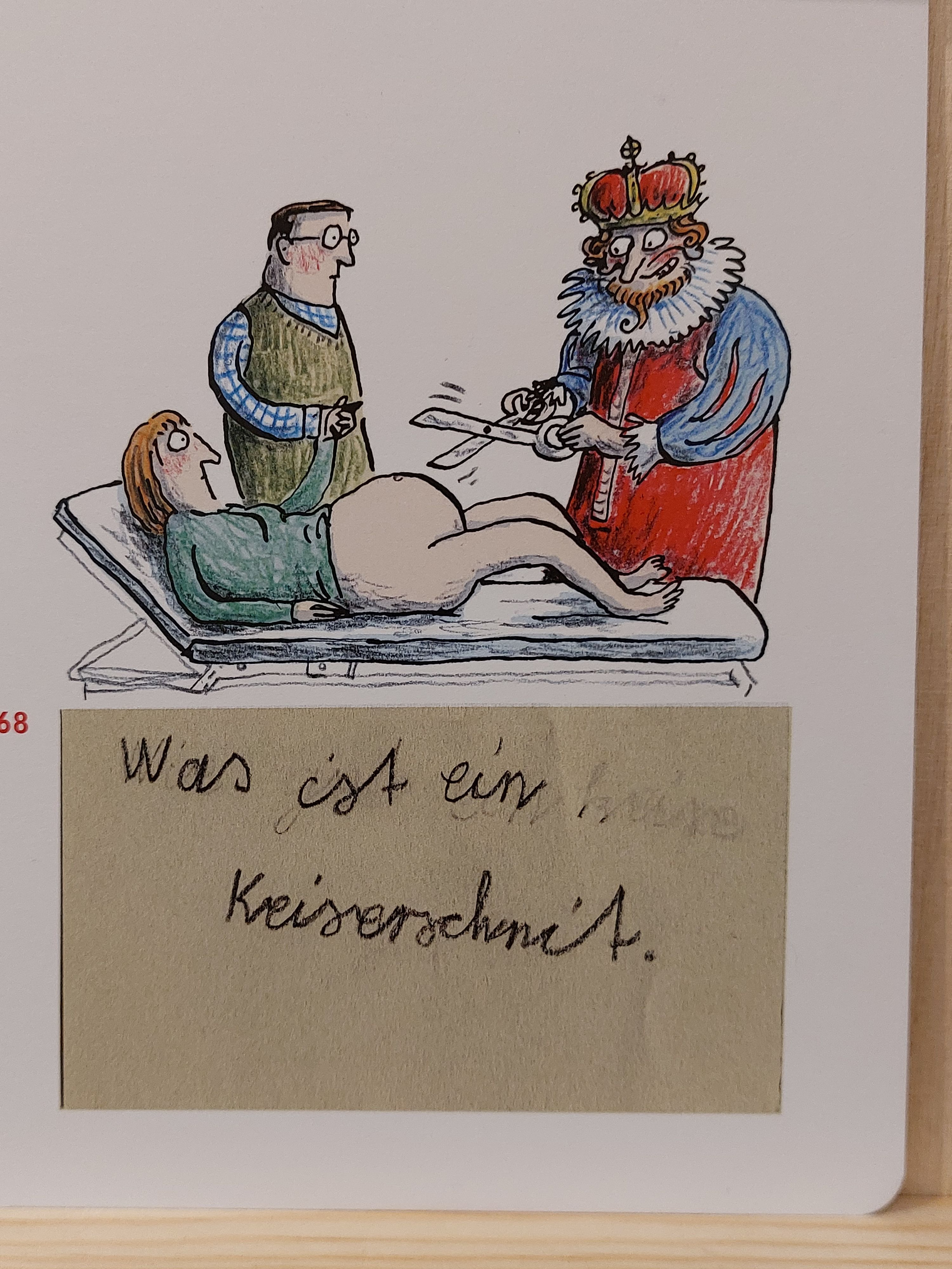 Eine satirische Zeichnung zur Frage "was ist ein Kaiserschnitt"