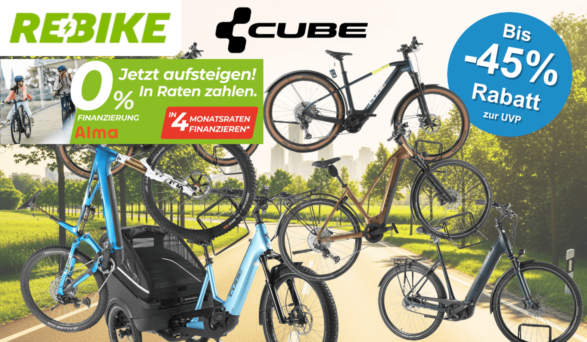 Auf dem Bild befindet sich eine Collage aus E-Bike Fahrrädern der Marke Cube.