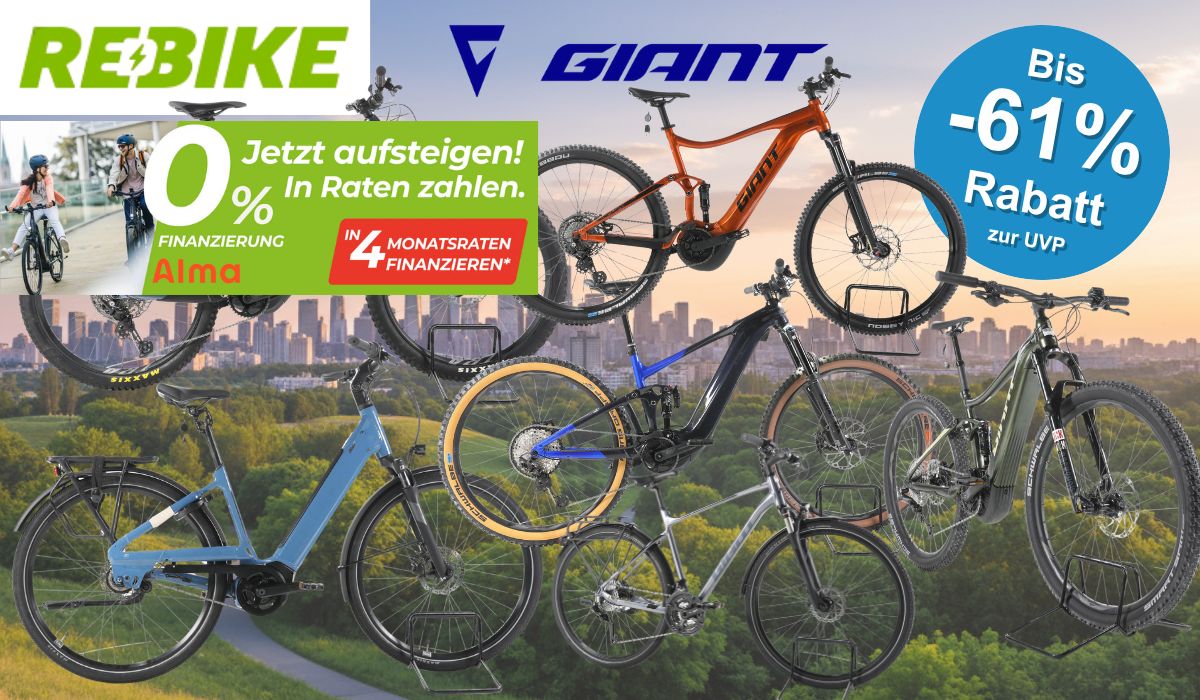Mehreren refurbished Giant E-Bikes verschiedener Kategorien – darunter vollgefederte E-Mountainbikes, ein City-E-Bike mit tiefem Einstieg sowie Trekking- und SUV-E-Bikes – vor einer Stadtpanorama-Kulisse mit grüner Parklandschaft im Vordergrund. Logos von Rebike und Giant sind oben abgebildet.