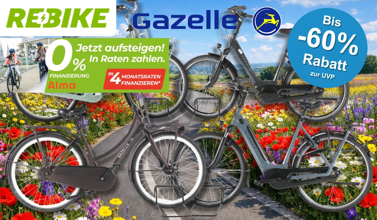 4 verschiedene Gazelle Fahrräder vor einem Fahrradweg.