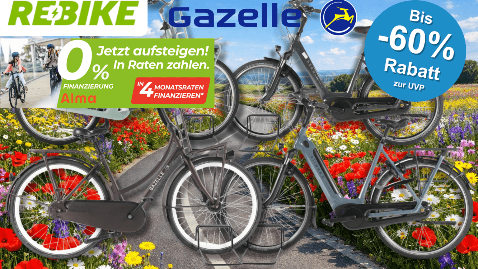 4 verschiedene Gazelle Fahrräder vor einem Fahrradweg.