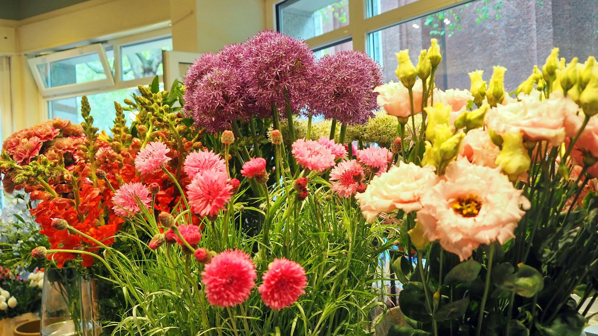 Viele verschiedene Blumenarten stehen in Vasen in einem Blumengeschäft.