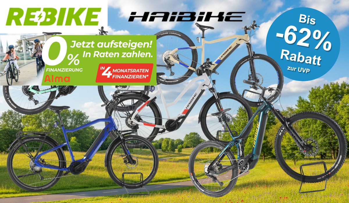 Mehrere refurbished Haibike E-Bikes verschiedener Modelle und Farben vor einer sonnigen Parklandschaft mit Fahrradweg. Im Bild zu sehen sind die Logos von Rebike und Haibike sowie ein blauer Button mit der Aufschrift „Bis -62 % Rabatt zur UVP".