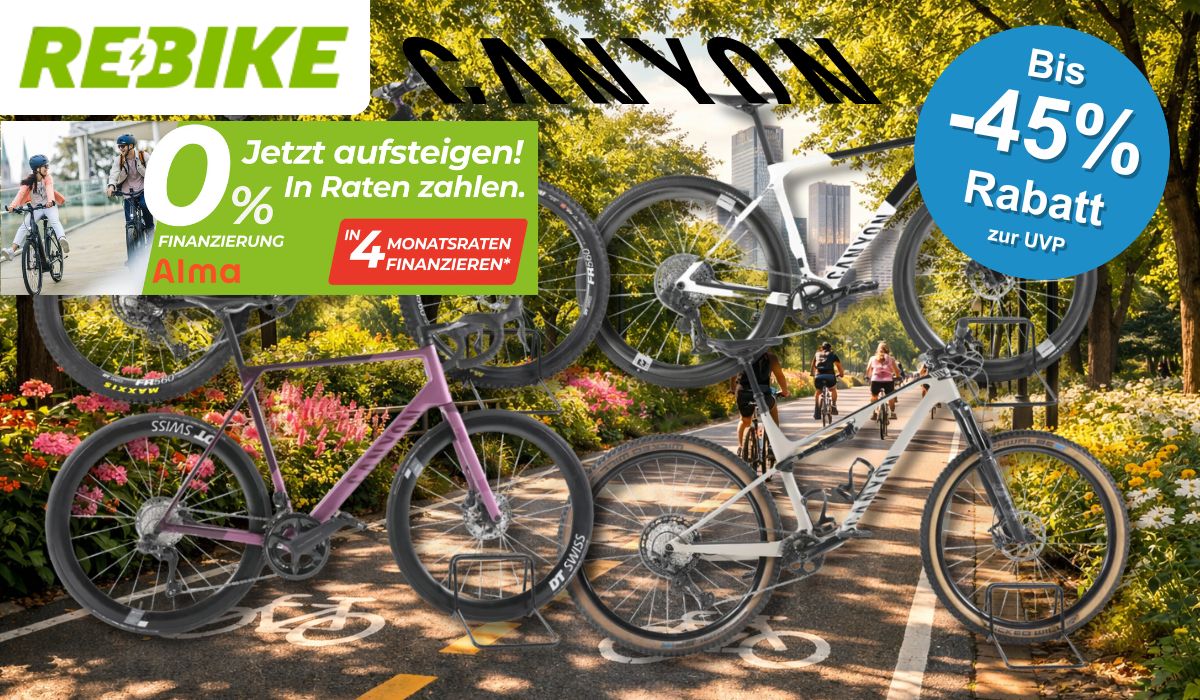 Eine Darstellung von verschiedenen Canyon Fahrrädern vor einem Fahrradweg.