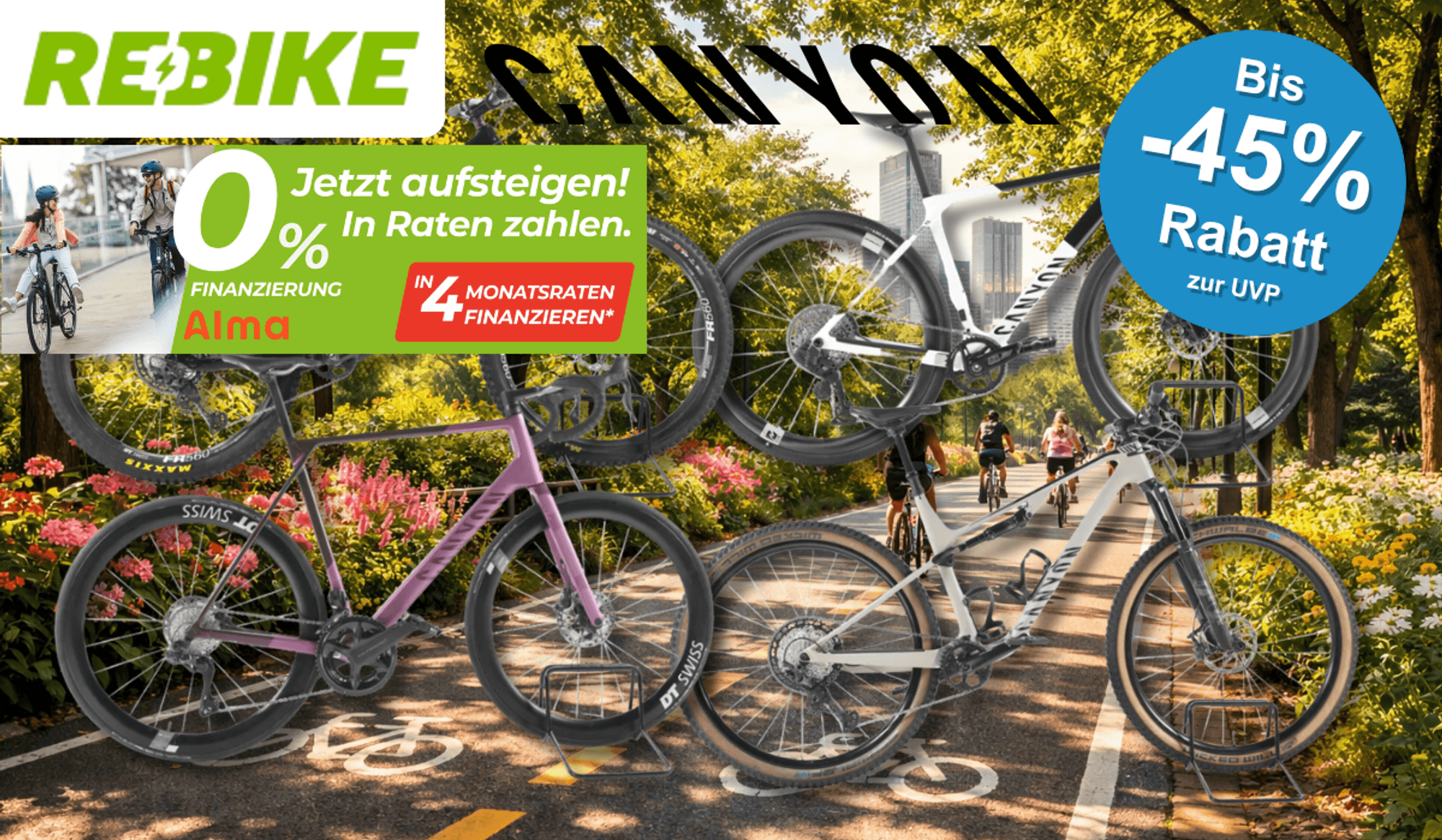 Eine Darstellung von verschiedenen Canyon Fahrrädern vor einem Fahrradweg.