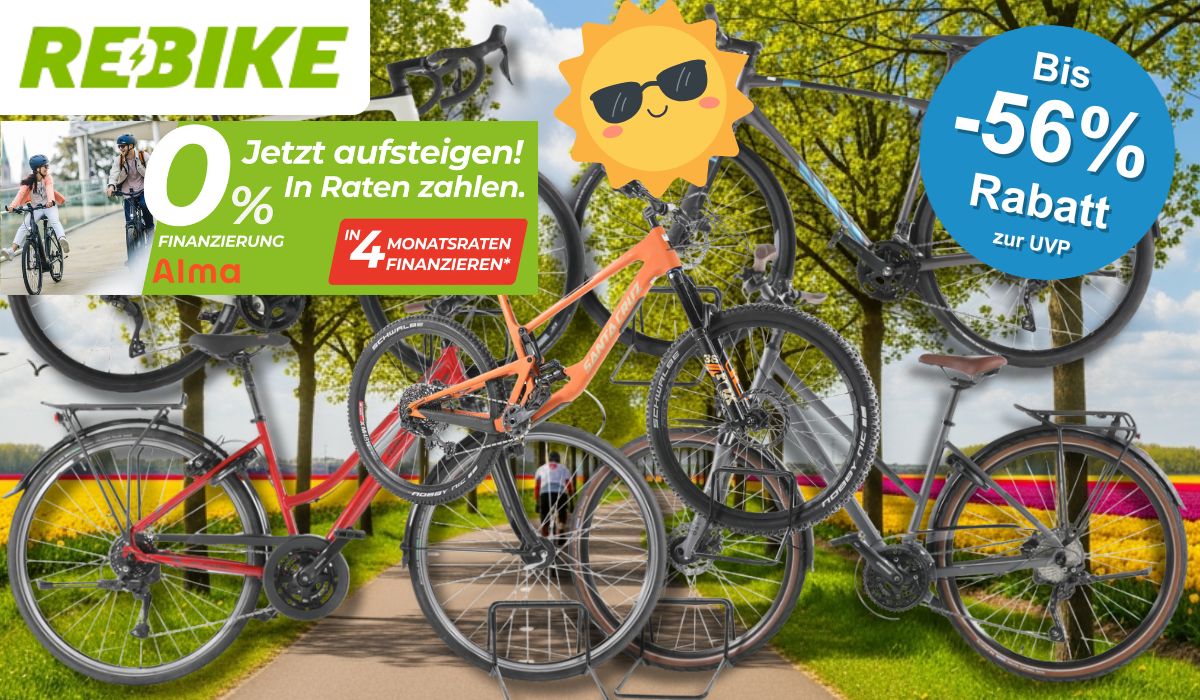 4 verschiedene Fahrräder vor einem Radweg im Frühling.