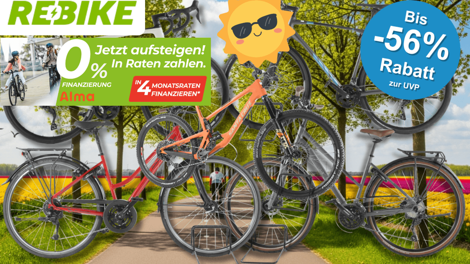 4 verschiedene Fahrräder vor einem Radweg im Frühling.